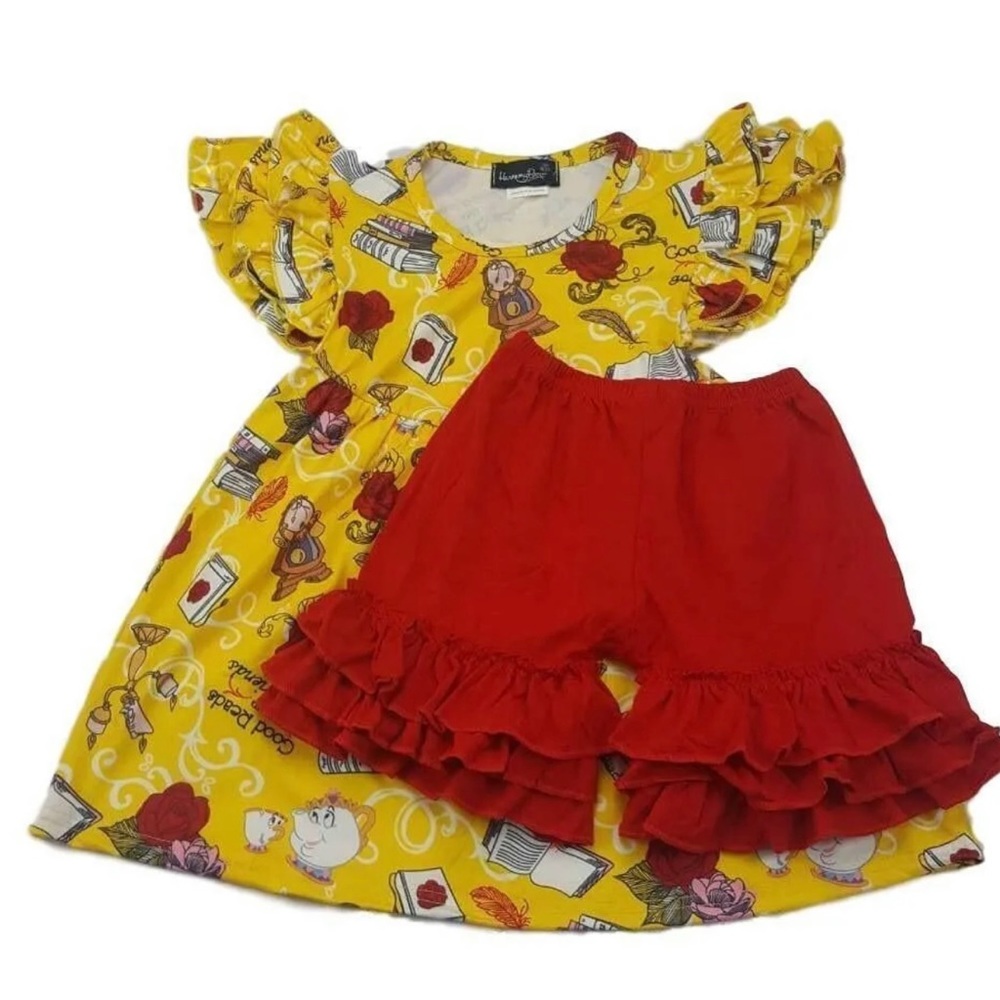 Boutique Harmony Bee 3T Beauty & the Beast Red Shortie Shorts Tunic Dress Set